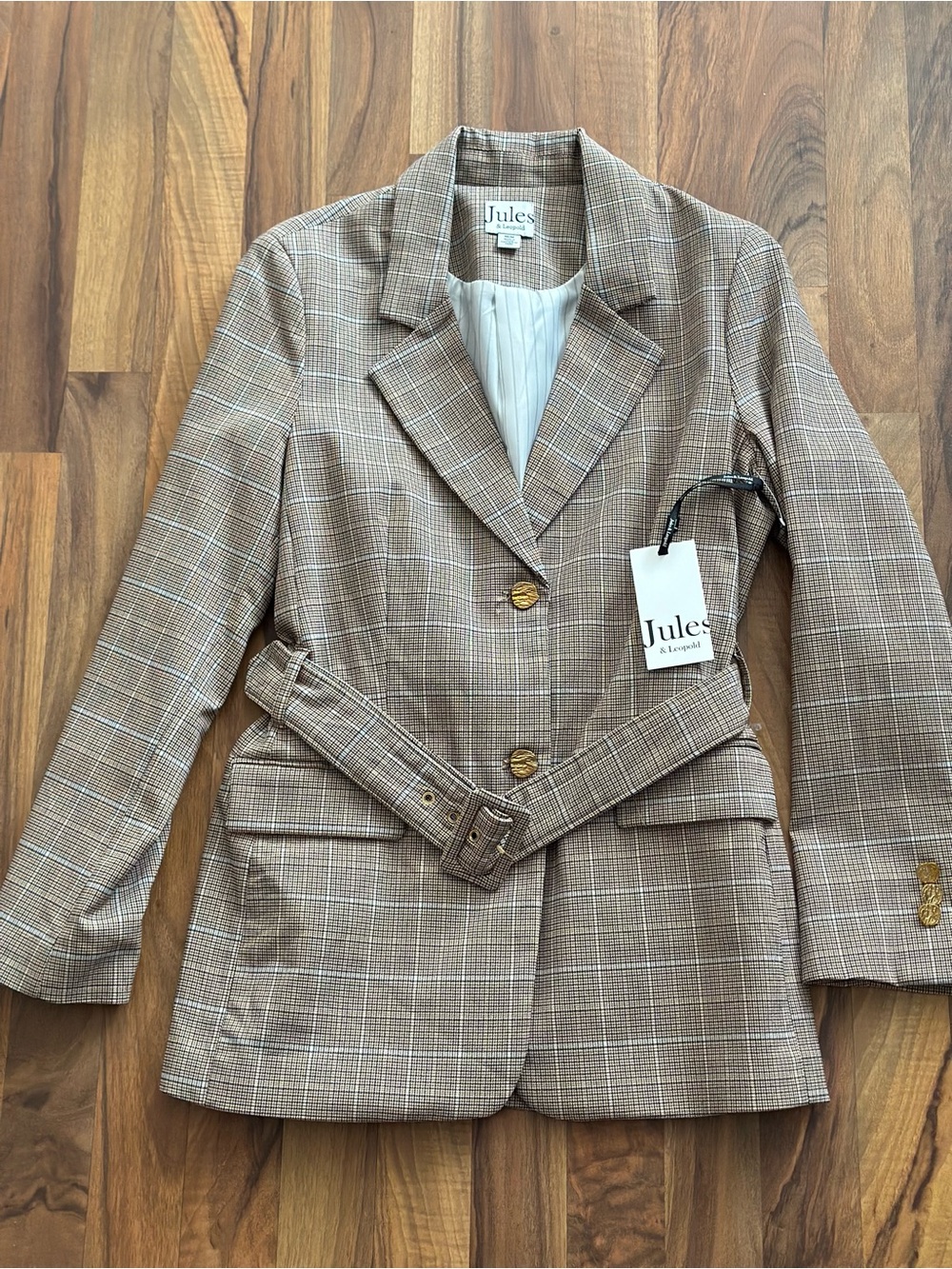Jules & Leopold Plaid Belted Blazer in Tan and Cream